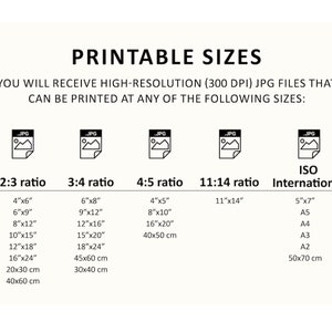 May include: Printable sizes chart for high-resolution JPG files. The chart shows different aspect ratios and corresponding sizes in inches and centimeters. The ratios include 2:3, 3:4, 4:5, and 11:14. The chart also includes ISO international paper sizes: 5x7, A5, A4, A3, A2, and 50x70 cm.