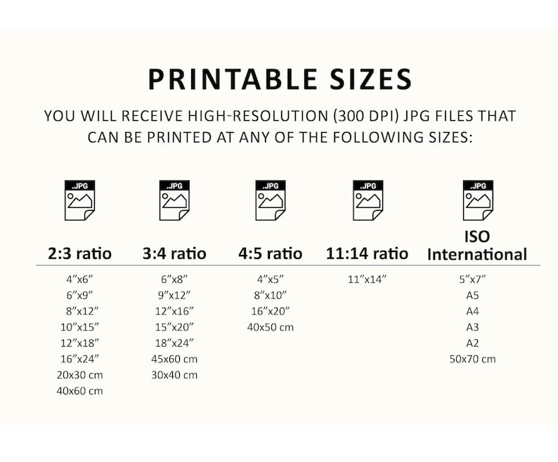 May include: Printable sizes chart for high-resolution JPG files. The chart shows different aspect ratios and corresponding sizes in inches and centimeters. The ratios include 2:3, 3:4, 4:5, and 11:14. The chart also includes ISO international paper sizes: 5x7, A5, A4, A3, A2, and 50x70 cm.