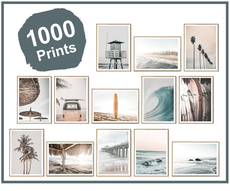 May include: A collage of 12 framed prints featuring beach scenes, including a lifeguard tower, palm trees, a surfboard, a wave, and a pier. The prints are all in a light, airy style with a vintage feel.