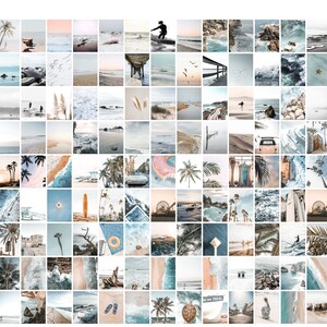 May include: A collage of 100 images featuring various beach scenes, including ocean waves, palm trees, sandy beaches, and people enjoying the water. The images are arranged in a grid pattern and are all in a light blue and white color scheme.