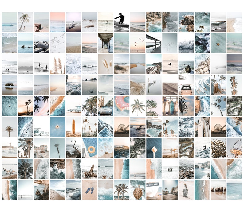 May include: A collage of 100 images featuring various beach scenes, including ocean waves, palm trees, sandy beaches, and people enjoying the water. The images are arranged in a grid pattern and are all in a light blue and white color scheme.