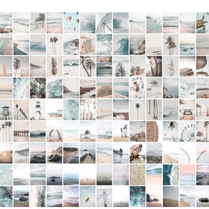 May include: A collage of 100 images featuring a variety of beach scenes, including palm trees, ocean waves, sandy beaches, and beach-themed objects. The images are arranged in a grid pattern and are all in a light blue and white color scheme.