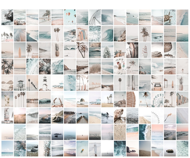 May include: A collage of 100 images featuring a variety of beach scenes, including palm trees, ocean waves, sandy beaches, and beach-themed objects. The images are arranged in a grid pattern and are all in a light blue and white color scheme.