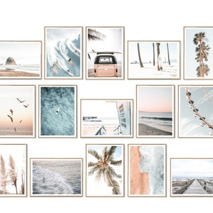 May include: A collection of 15 framed prints featuring beach scenes, including palm trees, ocean waves, a beach boardwalk, a Ferris wheel, and a vintage van. The prints are all in a light and airy color palette.