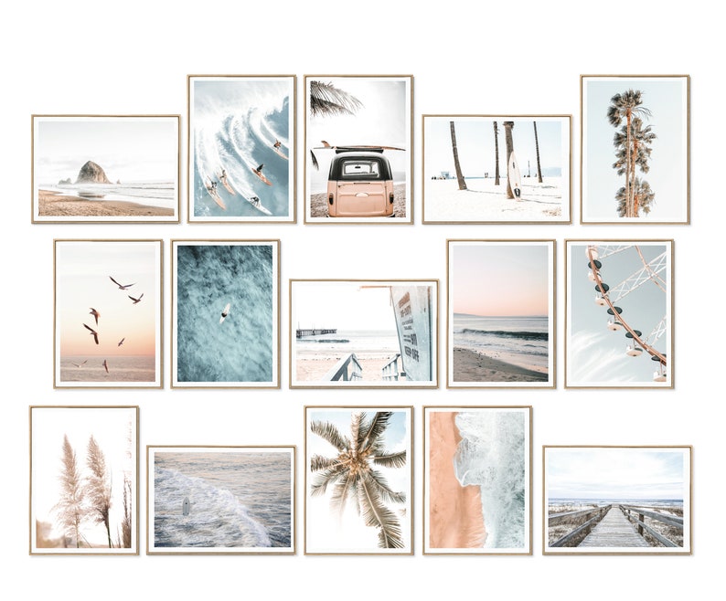 May include: A collection of 15 framed prints featuring beach scenes, including palm trees, ocean waves, a beach boardwalk, a Ferris wheel, and a vintage van. The prints are all in a light and airy color palette.