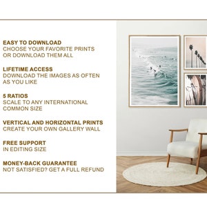 May include: A set of three framed prints featuring beach scenes. The prints are in a light wood frame and are hung on a white wall. The prints are of a beach with waves crashing on the shore, palm trees, and surfboards.