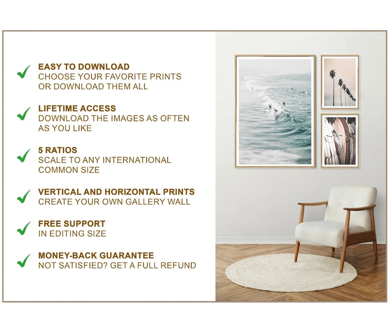 May include: A set of three framed prints featuring beach scenes. The prints are in a light wood frame and are hung on a white wall. The prints are of a beach with waves crashing on the shore, palm trees, and surfboards.