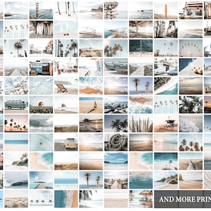 May include: A collage of 64 images featuring a variety of beach scenes, including palm trees, ocean waves, surfboards, and vintage vans. The images are arranged in a grid pattern and have a light and airy aesthetic. The text "AND MORE PRINTS..." appears at the bottom of the collage.