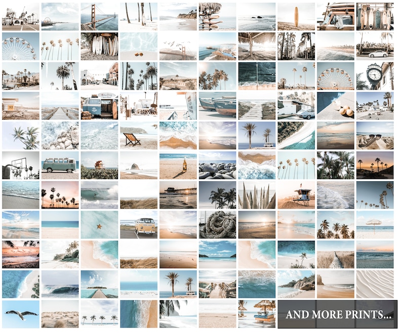May include: A collage of 64 images featuring a variety of beach scenes, including palm trees, ocean waves, surfboards, and vintage vans. The images are arranged in a grid pattern and have a light and airy aesthetic. The text "AND MORE PRINTS..." appears at the bottom of the collage.