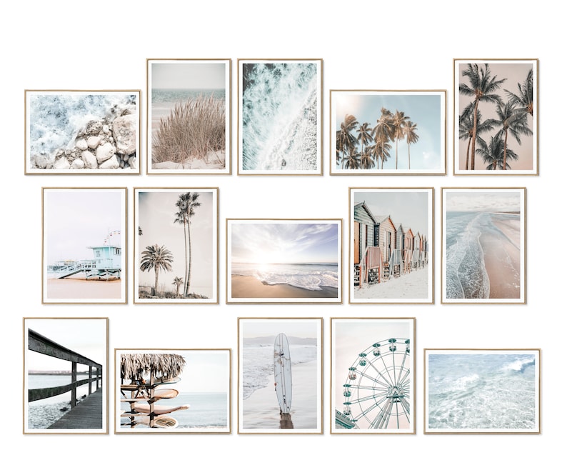 May include: A collection of 15 framed prints featuring beach scenes, including palm trees, ocean waves, a Ferris wheel, a lifeguard stand, and beach houses. The prints are all in a light, airy color palette and would be perfect for a coastal-themed home.