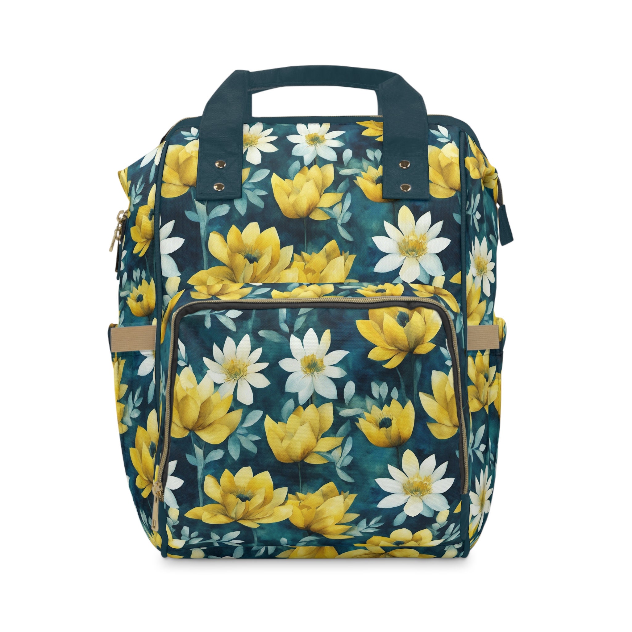 Yellow and White Flowers on a Teal Background
