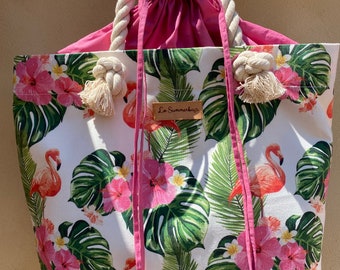 beach bag, summerbag, shopping bag, large bag, flamingo bag, pink bag, handle bag, beach bag, totebag, handmade bag