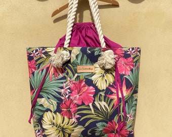 beach bag, summerbag, shopping bag, large bag, leaf bag, fuchsia bag, handle bag, beach bag, totebag, handmade bag