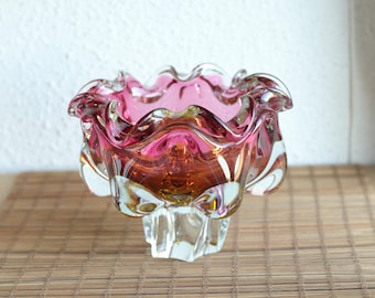 Vintage Josef Hospodka, Chribska, Borske Sklo, Mid Century Designer Schüssel, Tschechische Republik, Kunst Glasschüssel, Boho rosa und gelbes Glas