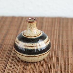 Può includere: Un piccolo vaso rotondo in ceramica con collo stretto. Il vaso presenta una base beige con strisce orizzontali marrone scuro e marrone chiaro. Il bordo è di un colore marrone più scuro. Il vaso è su un tappetino di bambù marrone.