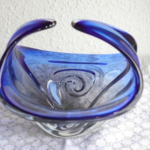 Vintage blue glass bowl, vintage large fruit bowl, murano style glass bowl, blue curvy glass bowl, blue glass, vintage handmade glass bowl