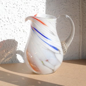 Vintage blue and white pitcher, Murano style pitcher, vintage glass pitcher, vintage glass jug, glass vase, mid century pitcher