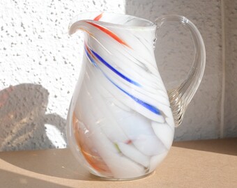 Vintage blue and white pitcher, Murano style pitcher, vintage glass pitcher, vintage glass jug, glass vase, mid century pitcher