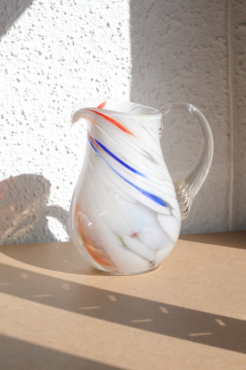 Vintage blue and white pitcher, Murano style pitcher, vintage glass pitcher, vintage glass jug, glass vase, mid century pitcher