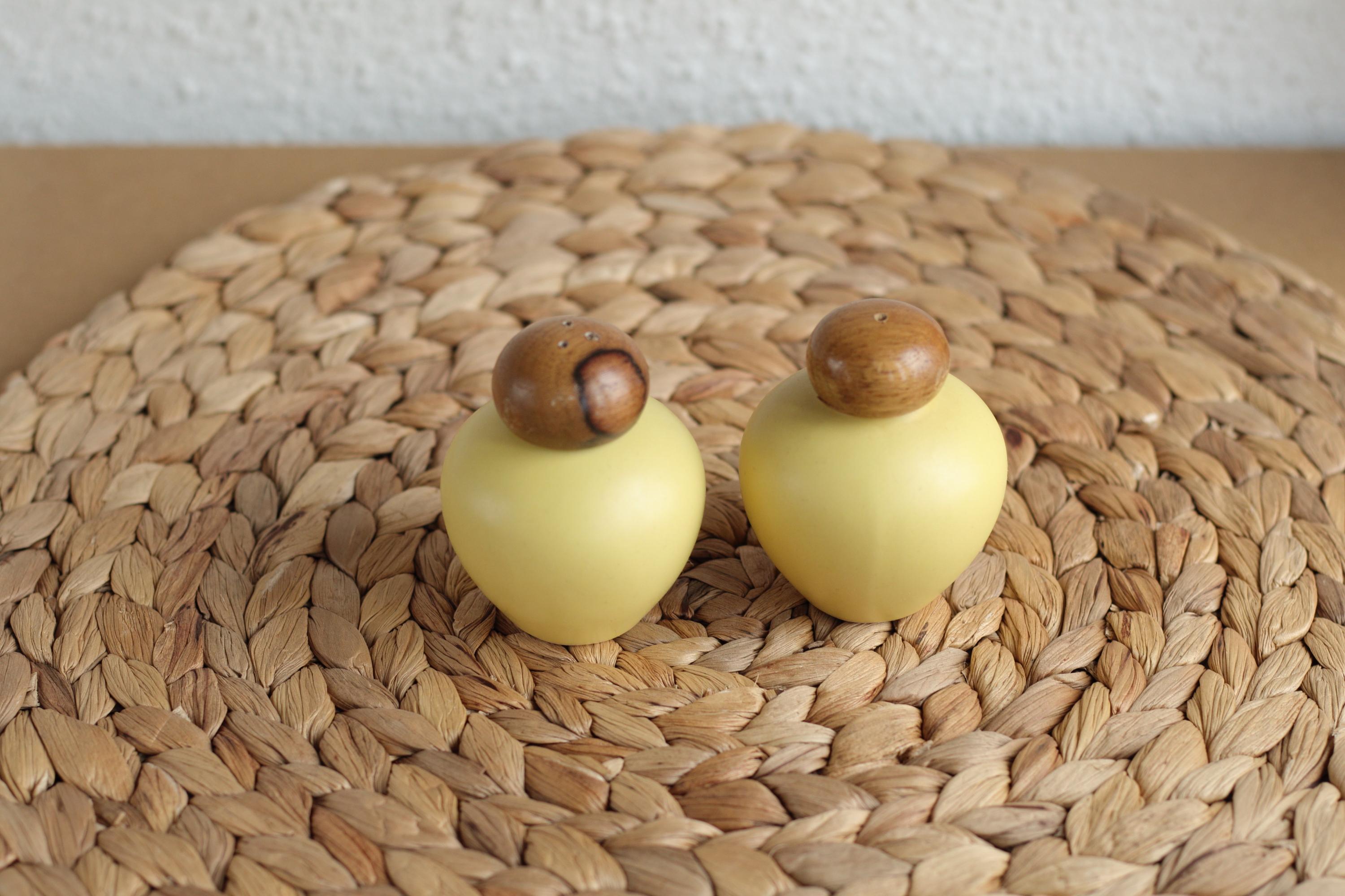Vintage Yellow Ceramic Salt & Pepper Shakers with Wood Tops