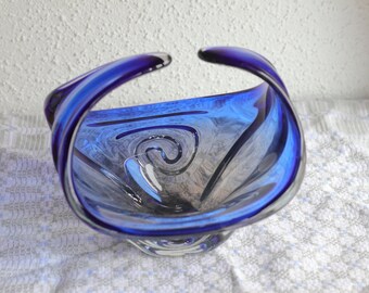ヴィンテージムラーノスタイルの青いガラスボウル：曲線的なセンター