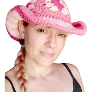 Cappello da cowboy modello all'uncinetto - Grandma Square - Country Barbie rosa Halloween estate western Bambino - Adulto 21-23 pollici - Scarica SOLO MODELLO