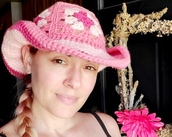 Crochet Cowboy Hat Granny Square - Handmade Barbie Pink