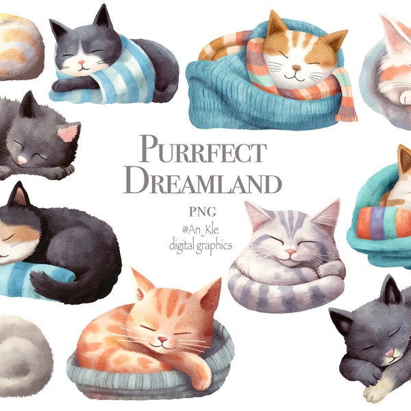 Whimsical sleeping cats clipart png digital download, cute cartoon kittens illustrations, quirky cats clipart, sleepe cat