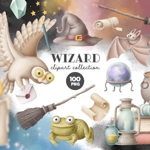 Clipart sorcier magique, sorcellerie PNG, grimoire fantastique, lettre hibou, chaudron, manche à balai, potion, art mystique, école de magie, enchanté