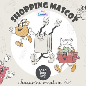 Retro Mascot Creator Kit, Shopping Cart, Groovy Character, Mascot Parts, Rubber Hose Style, Vintage Logo, Canva Template