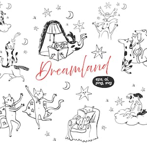 Dreamland hand drawn whimsical illustrations, ink sketched, doodle cats and dogs, fairy tale clipart, whimsical line drawing, childlike