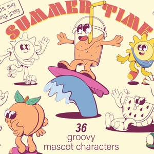 Retro groovy summer mascot characters, sublimation designs, vintage cartoon stickers, sun mascot, summer vibes, stay groovy, t-shirt, beach