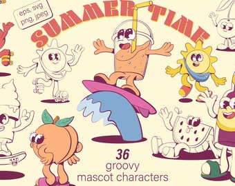 Retro groovy summer mascot characters, sublimation designs, vintage cartoon stickers, sun mascot, summer vibes, stay groovy, t-shirt, beach