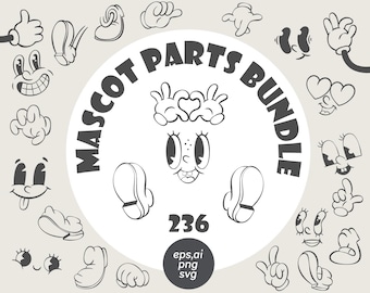 Vintage Cartoon Mascot Creator, Retro Character Builder, Rubber Hose Style, Hands, Eyes, Feet, Expressions, Canva SVG, Logo Template