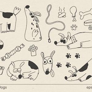 Doodle Dogs and dog toys outline vector illustrations hand drawn, funny cartoon puppies, whimsical doggie