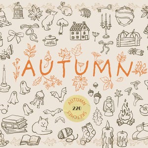 Croquis fantaisistes de lignes d'automne, illustrations dessinées à la main, gribouillages minimalistes, contour des cliparts automne, noyau de chalet, ambiance cosy, coquette svg
