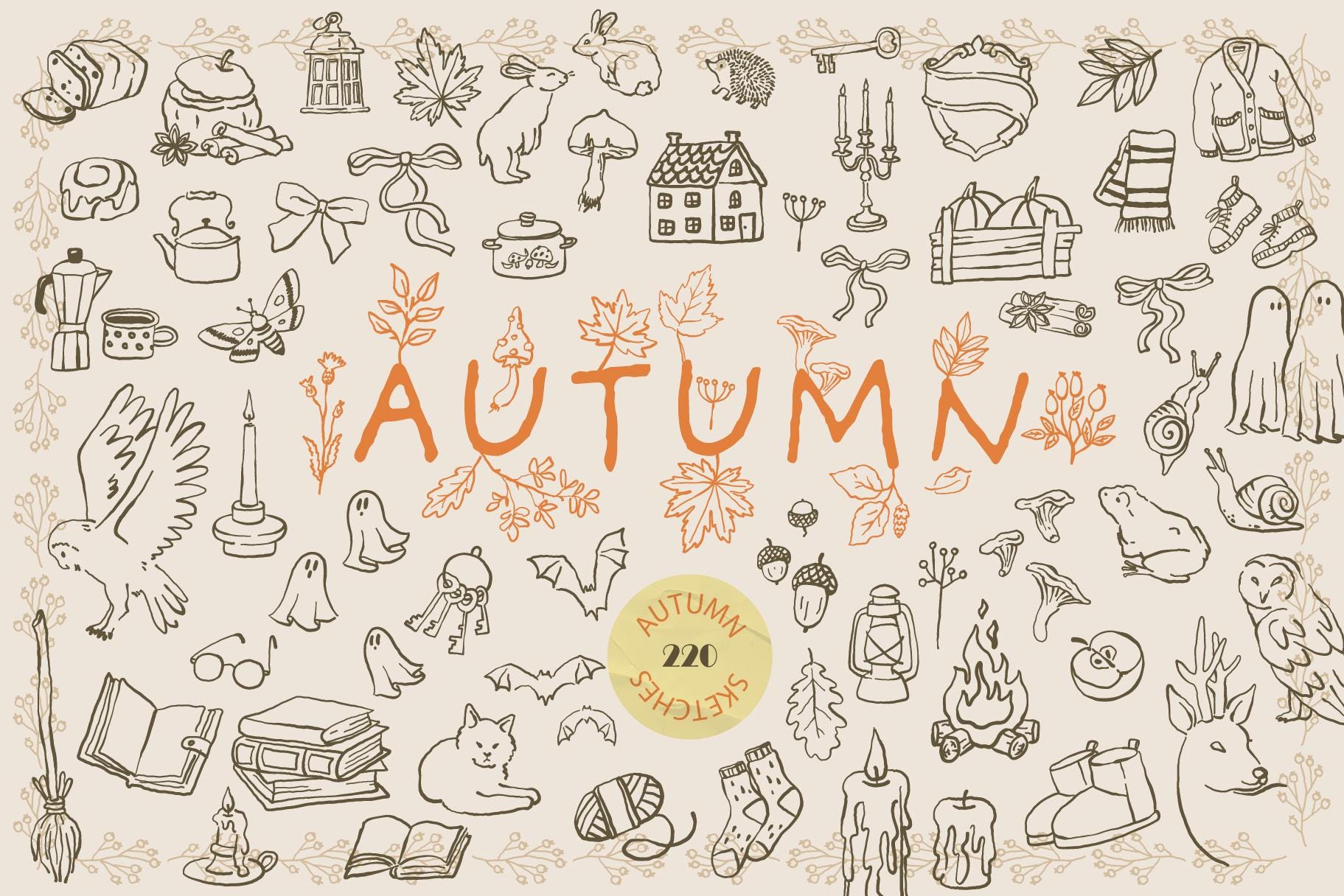 Whimsical autumn line sketches, Hand drawn illustrations, minimalist doodles, outline fall clipart, cottage core, cozy vibes, coquette svg