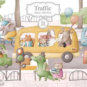 Cute Animal Traffic Clipart, Funny Animals in Cars and  Bus, Hand Drawn Kids Illustration Set for Road Scenes, PNG Digital Download