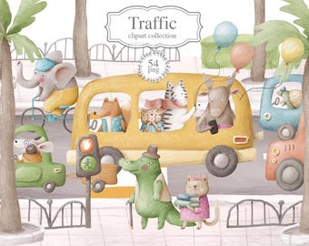 Cute Animal Traffic Clipart, Funny Animals in Cars and  Bus, Hand Drawn Kids Illustration Set for Road Scenes, PNG Digital Download