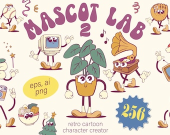 Retro Groovy Mascot Creator Bundle, Cartoon Character Design (png