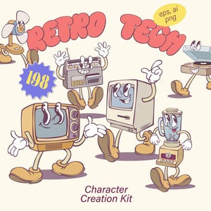 Pacote de kit de criação de mascote de tecnologia, criador de personagens de mascote retrô, design de personagem, criador de mascote de desenho animado vintage, tecnologia retrô