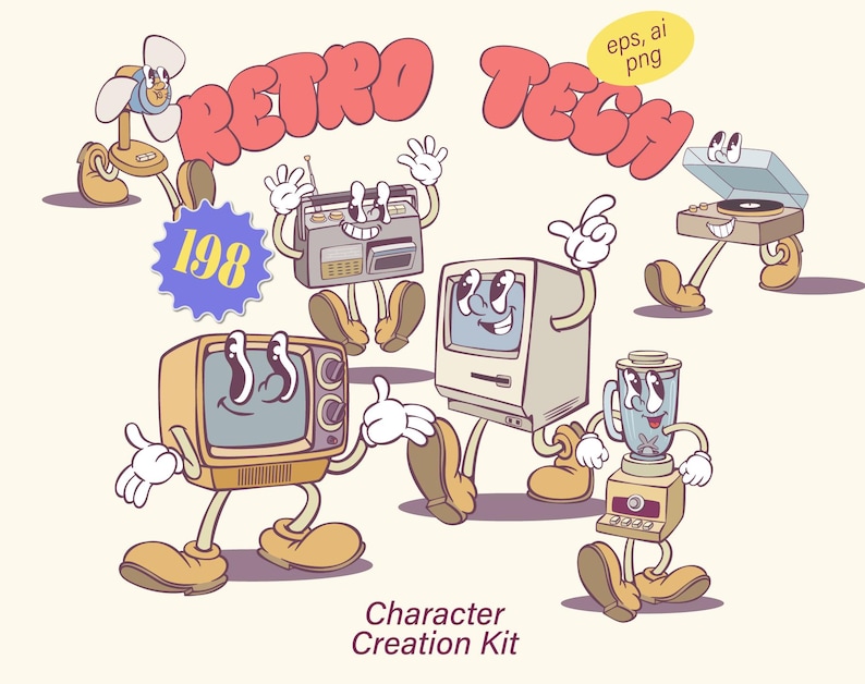Retro Groovy Tech Mascot Creator, Cartoon Character Design (EPS, AI ...