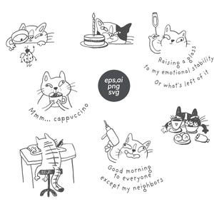 Funny Cat SVG Bundle, Quirky Cat Quotes Clipart For Stickers And Prints, Meme Style Line Art Cats, Tattoo Flash Cats With Text, Cricut SVG