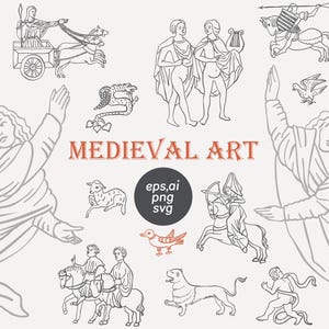 May include: A set of black and white illustrations depicting medieval art. The illustrations include angels, knights, animals, and other figures. The text "MEDIEVAL ART" is included in the image.