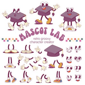 Retro Groovy Graduation Hat Mascot Creation Kit, Mascot Maker, Retro Character Creator, School Logo Template, Education Branding Design