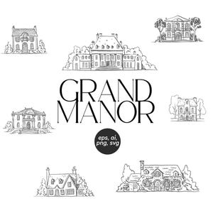 Arte lineal de boda caprichoso SVG, grandes mansiones dibujadas a mano, lugar de celebración de bodas, plantilla de Canva, plantilla de logotipo de arquitectura clásica