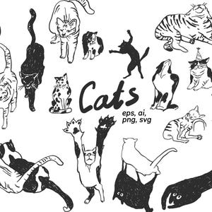 Dessins au trait chats illustrations dessinées à la main, vecteur eps svg, impression chat, croquis à l'encre, art du tatouage, svg sur toile, contour des chats, dessin au trait