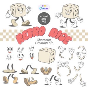 Retro Groovy Dice Mascot Creation Kit, Mascot Parts, Retro Logo Template, Canva Elements, Vintage Cartoon Character Creator, Lucky Charm