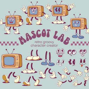 Kit de création de mascotte TV groovy rétro - eps, png, pièces de mascotte, conception de personnage de dessin animé TV vintage, créateur de personnage
