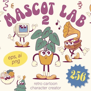 Mascot Creation Kit Bundle, Retro Groovy Maskottchen Charaktere Ersteller, Charakter Design, Vintage Cartoon Mascot Maker, Gesichter, Hände, Beine, Logo
